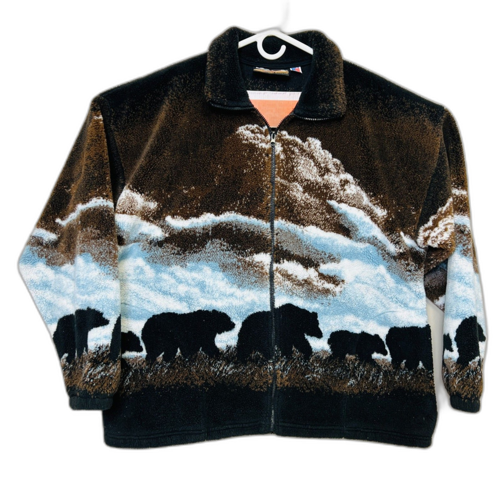 Vintage Cobblestone Canyon Made USA Sherpa Jacket size XL black bears mountain
